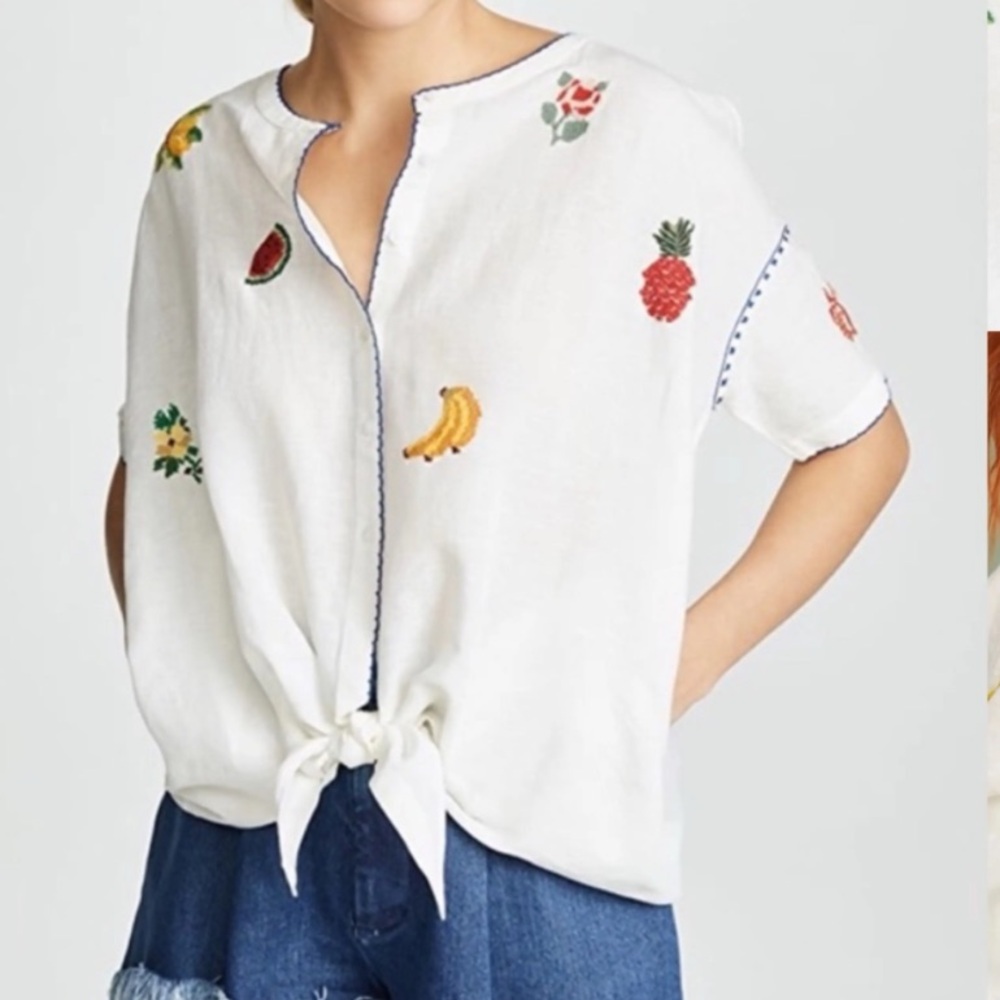 Anthropologie Intropia needlepoint embroidered fruit button down